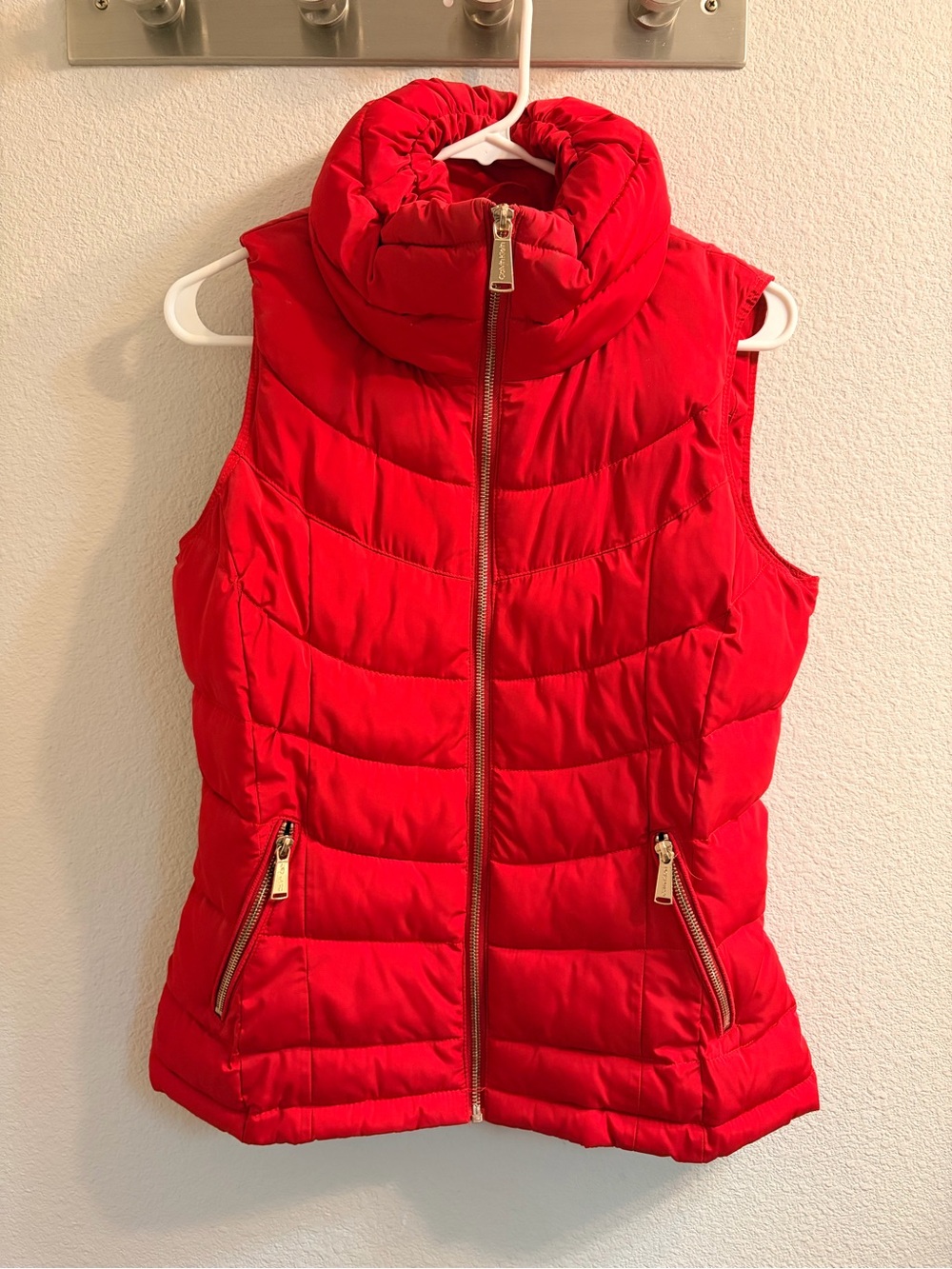 Calvin Klein Red Quilted Puffer Vest with High Funnel Collar